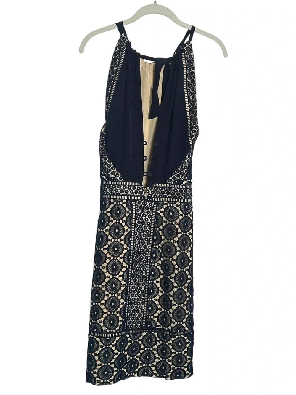Tory Burch Navy Crochet Lace Halter Dress Size 2 Silk Lined Midi